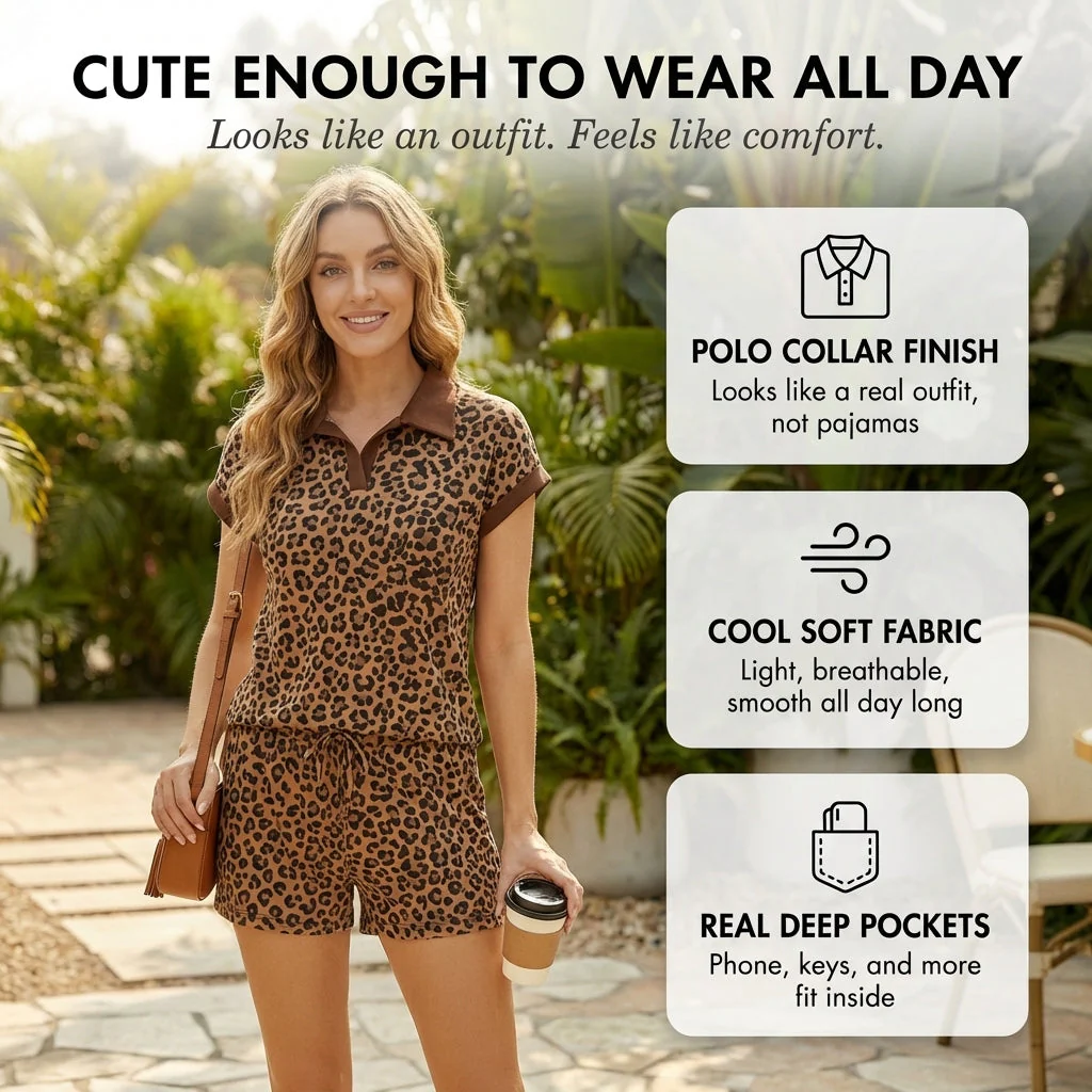 Linvale™ – Leopard Print Polo Collar Top & Drawstring Shorts Lounge Set + 50% OFF - Image 4