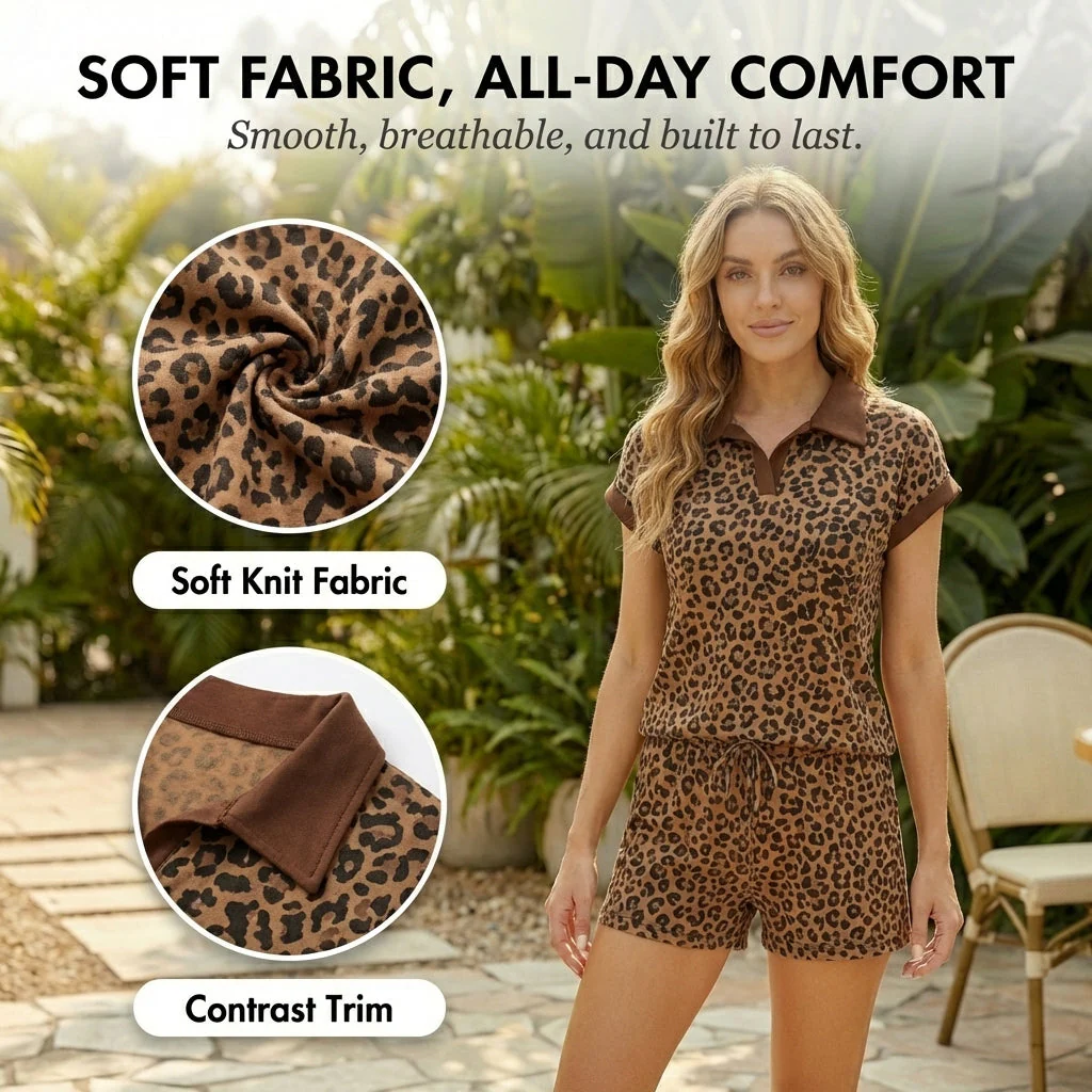 Linvale™ – Leopard Print Polo Collar Top & Drawstring Shorts Lounge Set + 50% OFF - Image 5