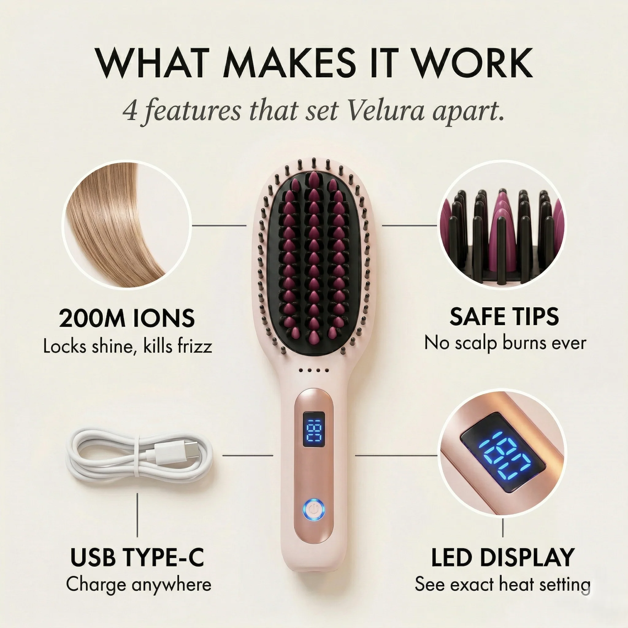 Velura™ – Cordless Ionic Hair Straightener Brush | 3 Heat Settings, Anti-Scald, USB Rechargeable + 50% OFF - Image 4