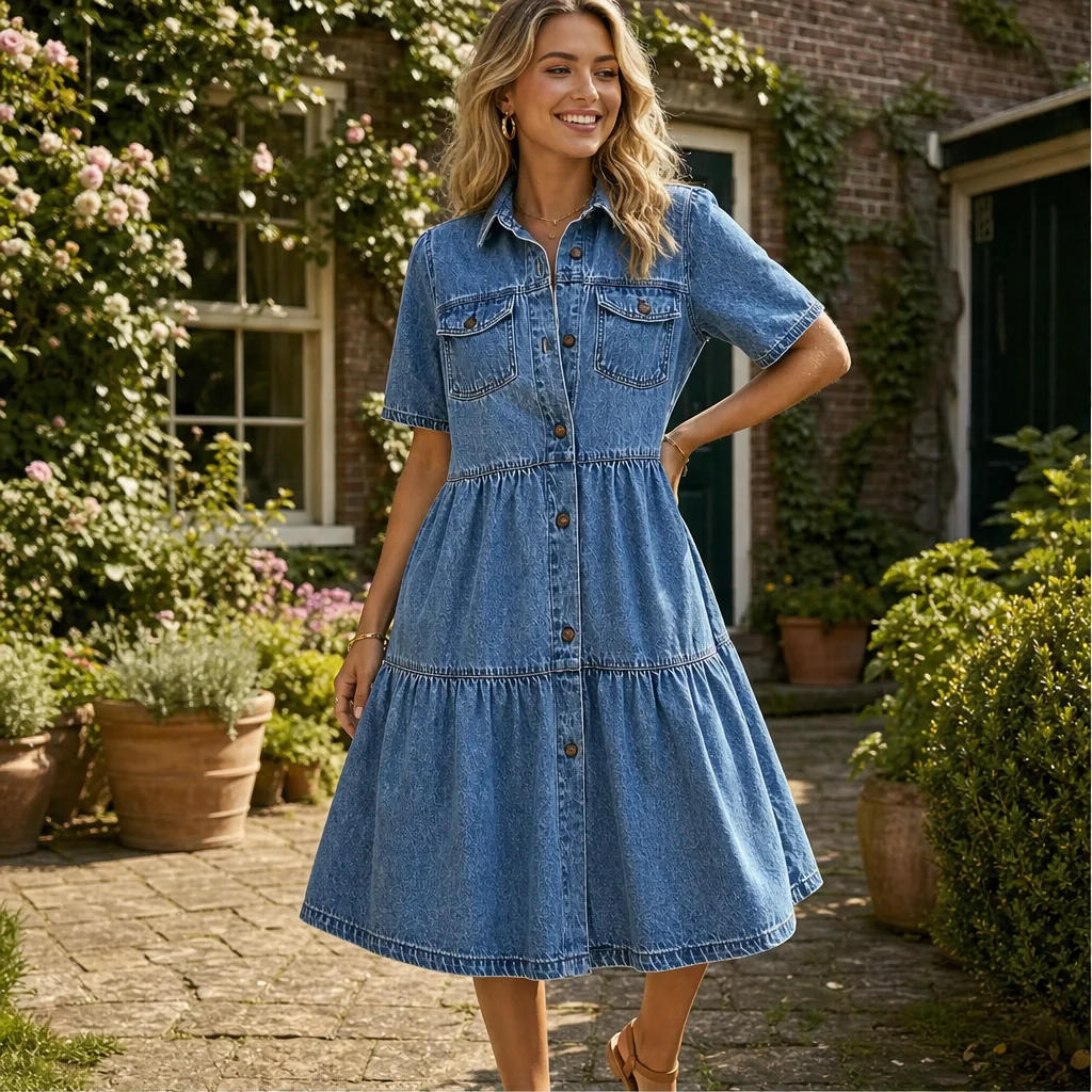 Verene™ – Collared Button-Front Layered Midi Dress + 50% OFF - Image 11