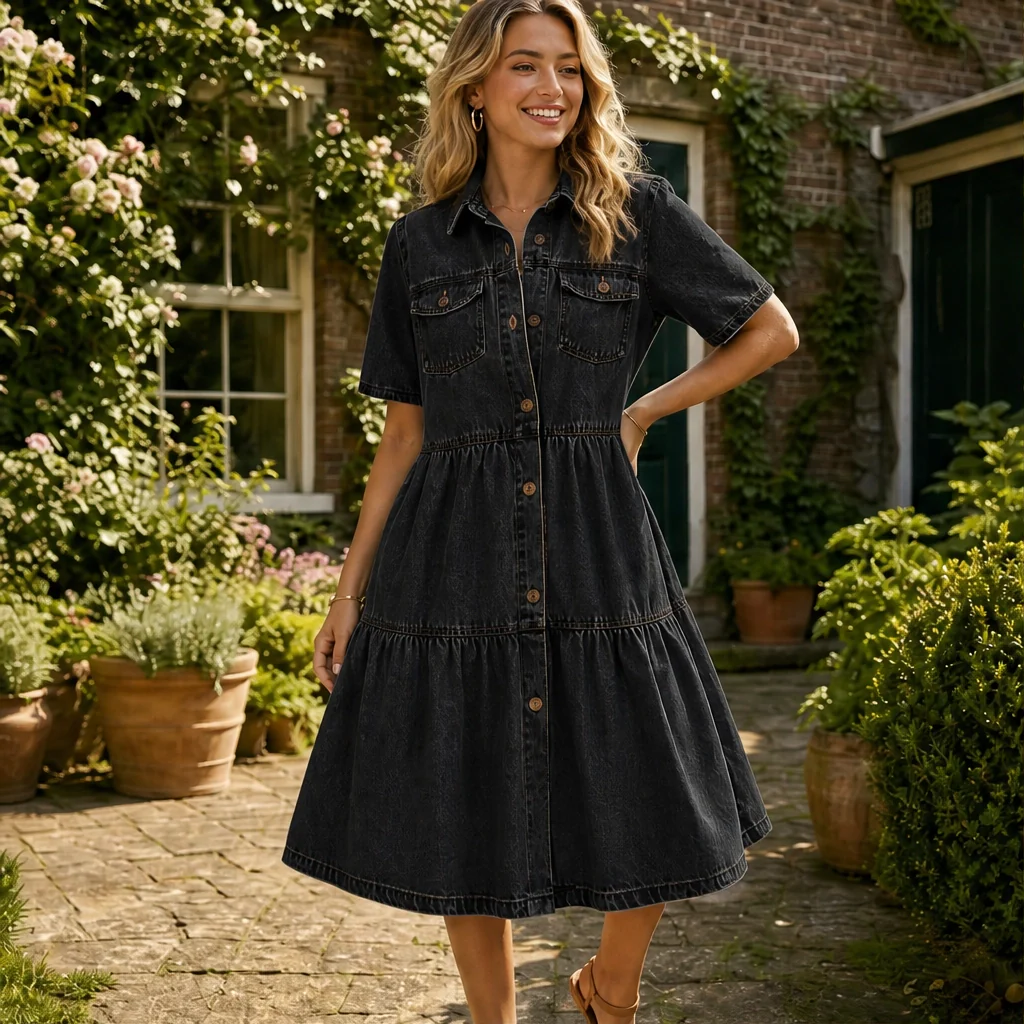 Verene™ – Collared Button-Front Layered Midi Dress + 50% OFF - Image 14