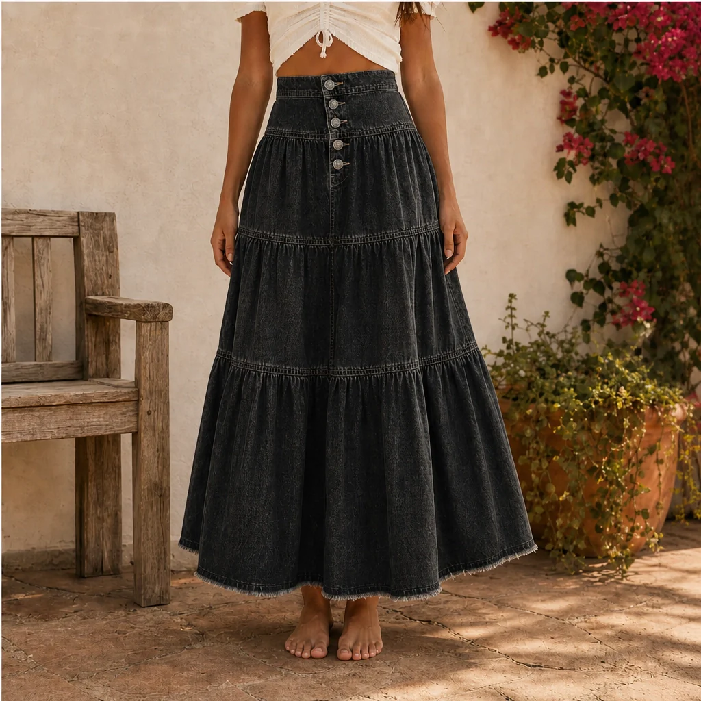 Verena™ – High-Waisted Tiered A-Line Denim Maxi Skirt + 50% OFF - Image 12