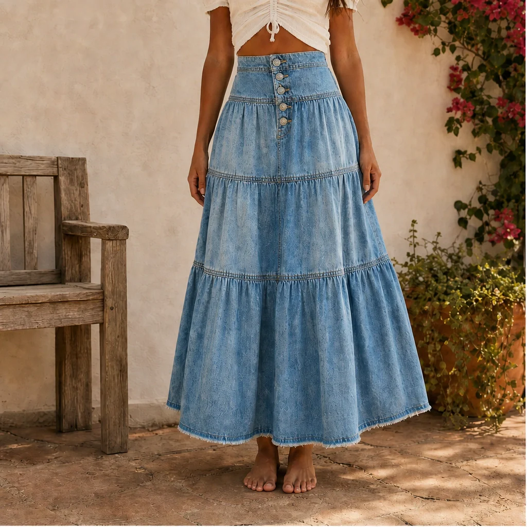Verena™ – High-Waisted Tiered A-Line Denim Maxi Skirt + 50% OFF - Image 13