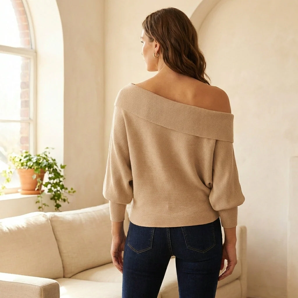 Drapelle™ – Asymmetric Off-Shoulder Ribbed Batwing Knit Top +50% OFF - Image 3