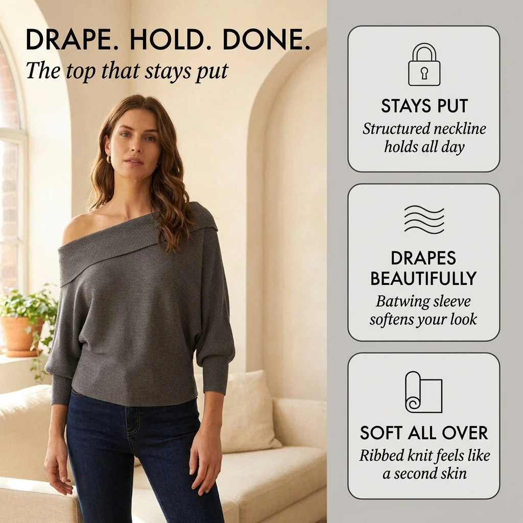 Drapelle™ – Asymmetric Off-Shoulder Ribbed Batwing Knit Top +50% OFF - Image 4
