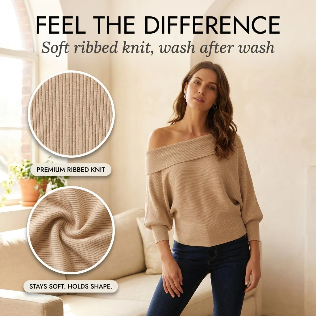 Drapelle™ – Asymmetric Off-Shoulder Ribbed Batwing Knit Top +50% OFF - Image 5