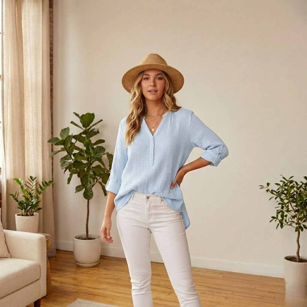 Brezelle™ – Soft Gauze V-Neck Oversized Button-Down Blouse for Women + 50% OFF - Image 11