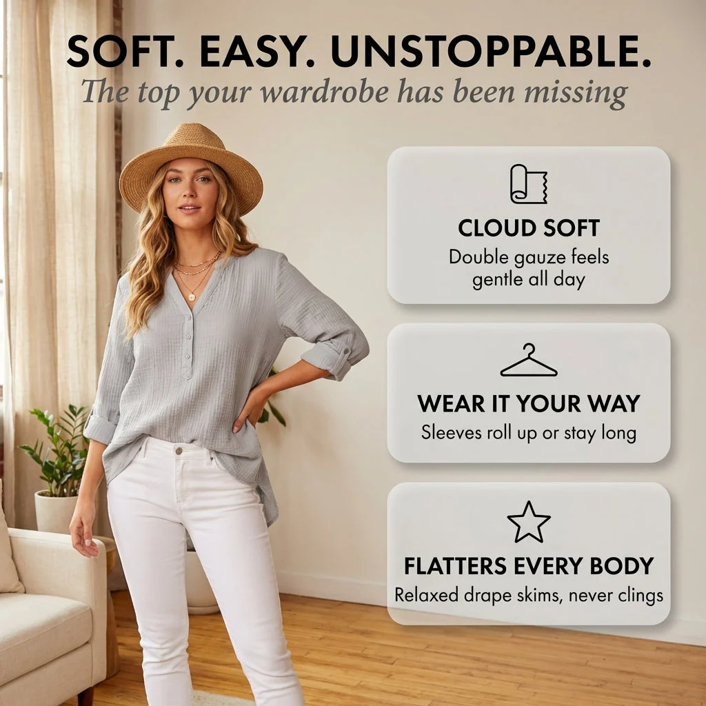 Brezelle™ – Soft Gauze V-Neck Oversized Button-Down Blouse for Women + 50% OFF - Image 4
