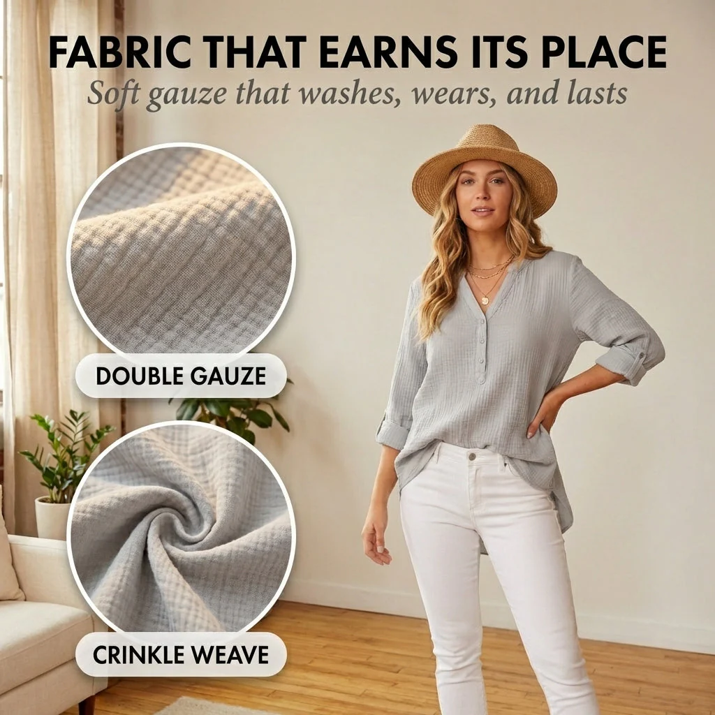 Brezelle™ – Soft Gauze V-Neck Oversized Button-Down Blouse for Women + 50% OFF - Image 5