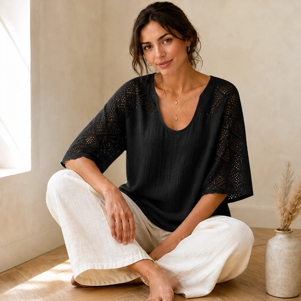 Brisa™ – Lace Openwork U-Neck Short-Sleeve Blouse + 50% OFF - Image 10