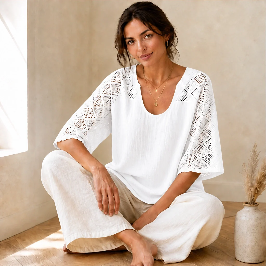 Brisa™ – Lace Openwork U-Neck Short-Sleeve Blouse + 50% OFF - Image 11