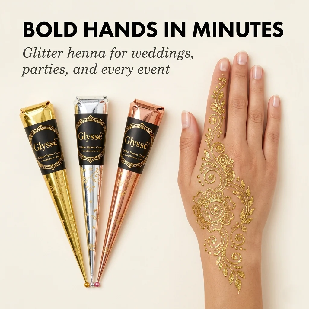 Glyssé™ – Multi-Color Glitter Henna Cones | Skin-Safe, Long-Lasting Body Art (3 Set) + 50% OFF