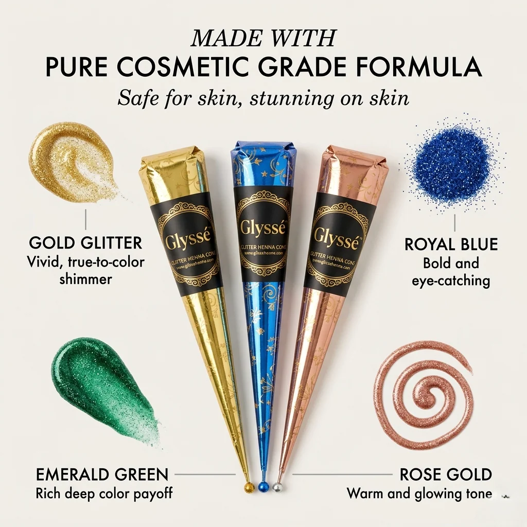 Glyssé™ – Multi-Color Glitter Henna Cones | Skin-Safe, Long-Lasting Body Art (3 Set) + 50% OFF - Image 4