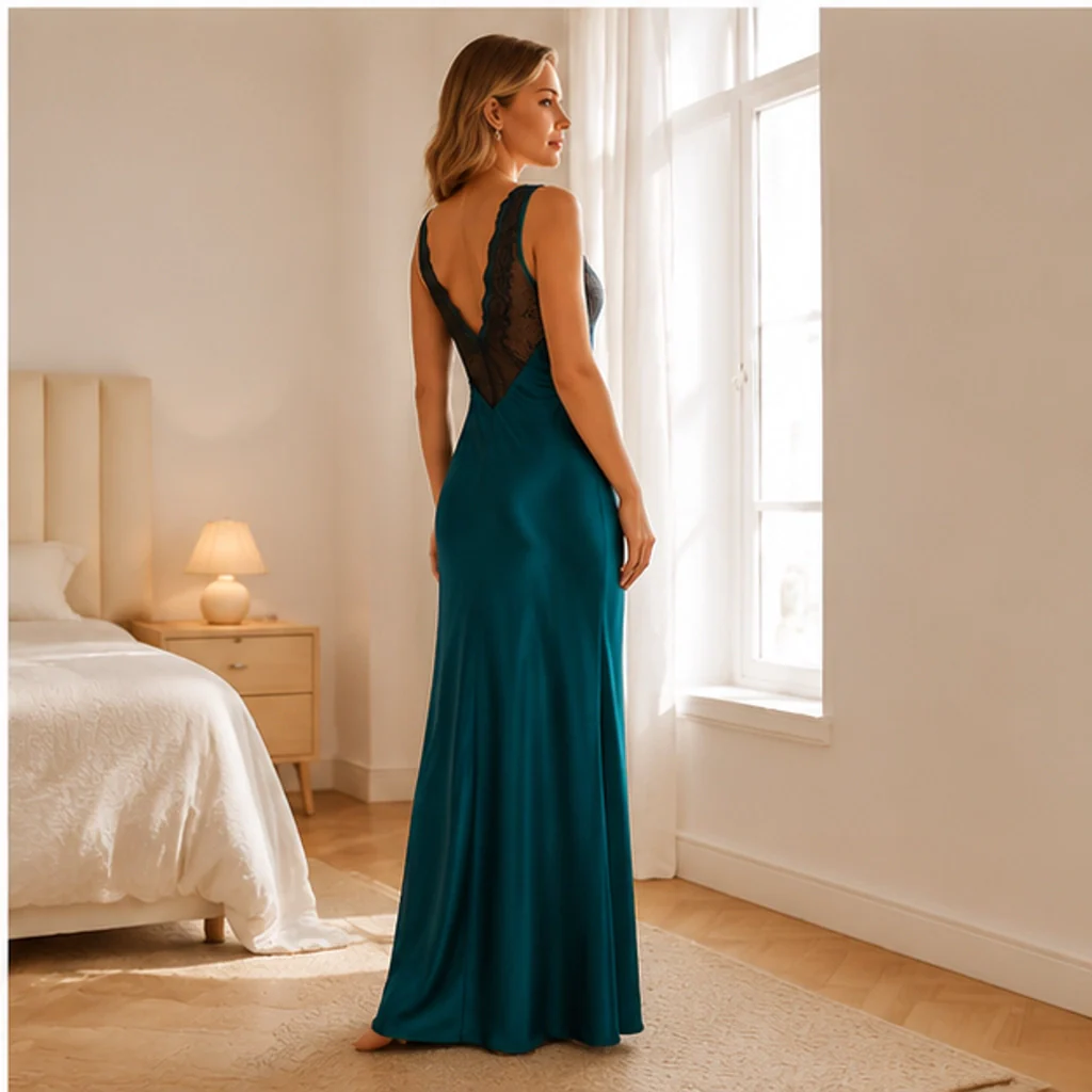 Lunève™ – Satin & Lace Deep-V Open-Back Slip Nightdress + 50% OFF - Image 3