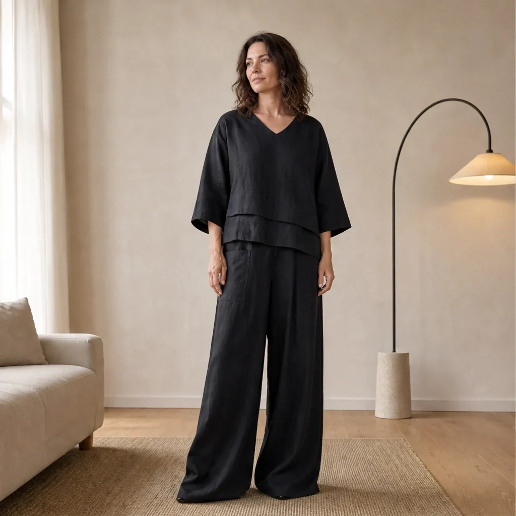 Willowmere™ – Asymmetric Cotton-Linen V-Neck Top & Wide-Leg Trouser Set + 50% OFF