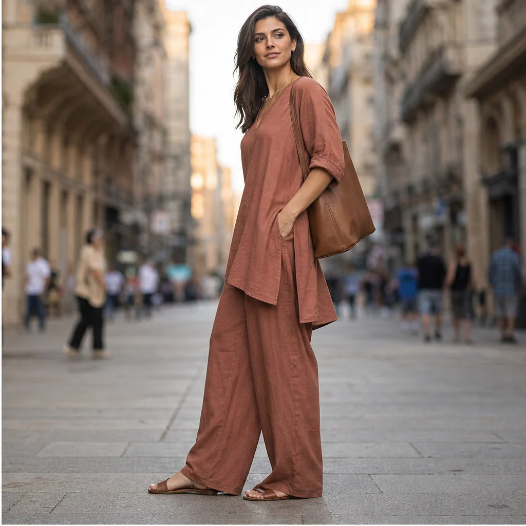 Drapelle™ – Breathable Cotton-Linen V-Neck Tunic & Wide-Leg Trouser Set + 50% OFF - Image 2