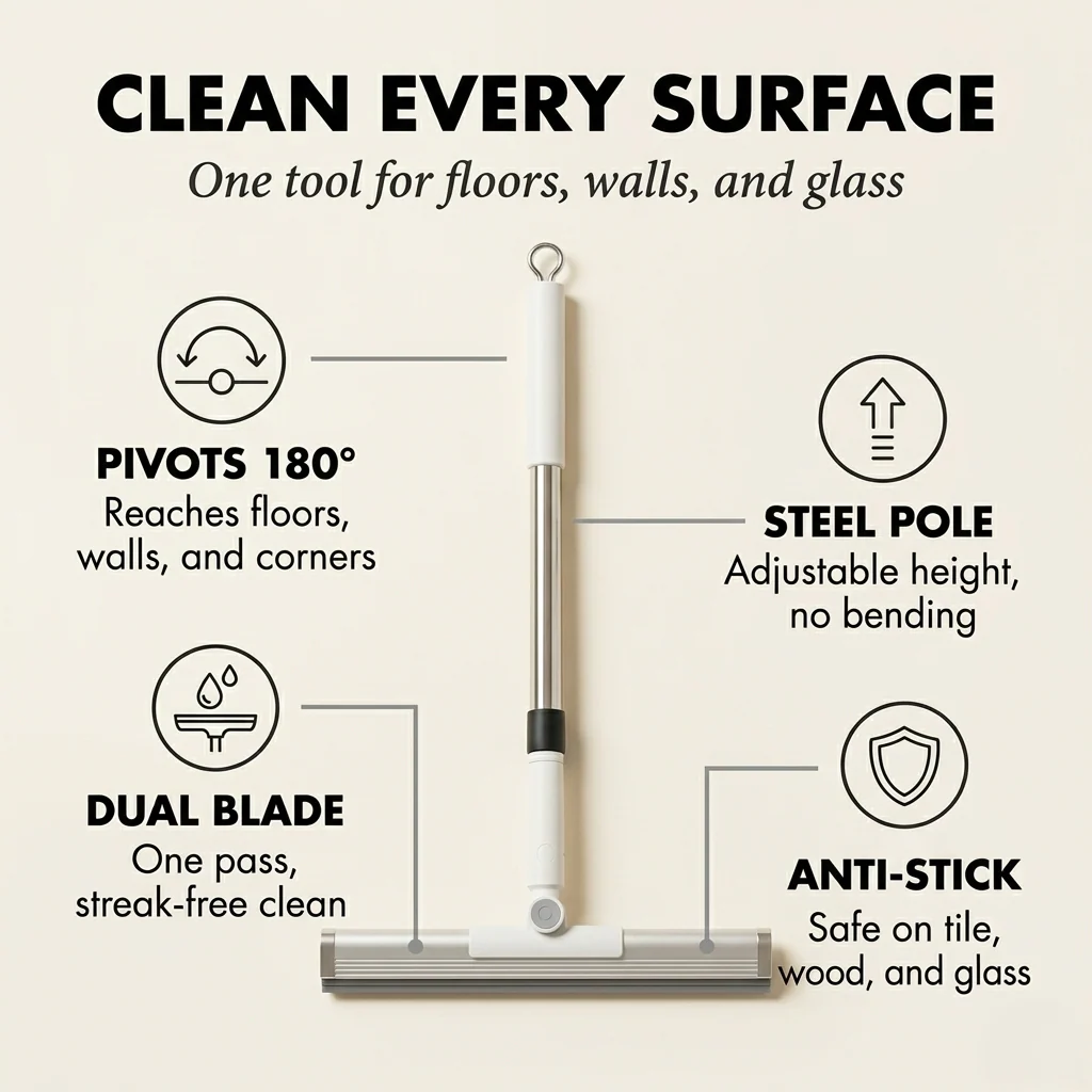Swipex™ – 180° Rotating Pivot Head Floor Squeegee with Adjustable Stainless Pole +50% OFF - Image 4