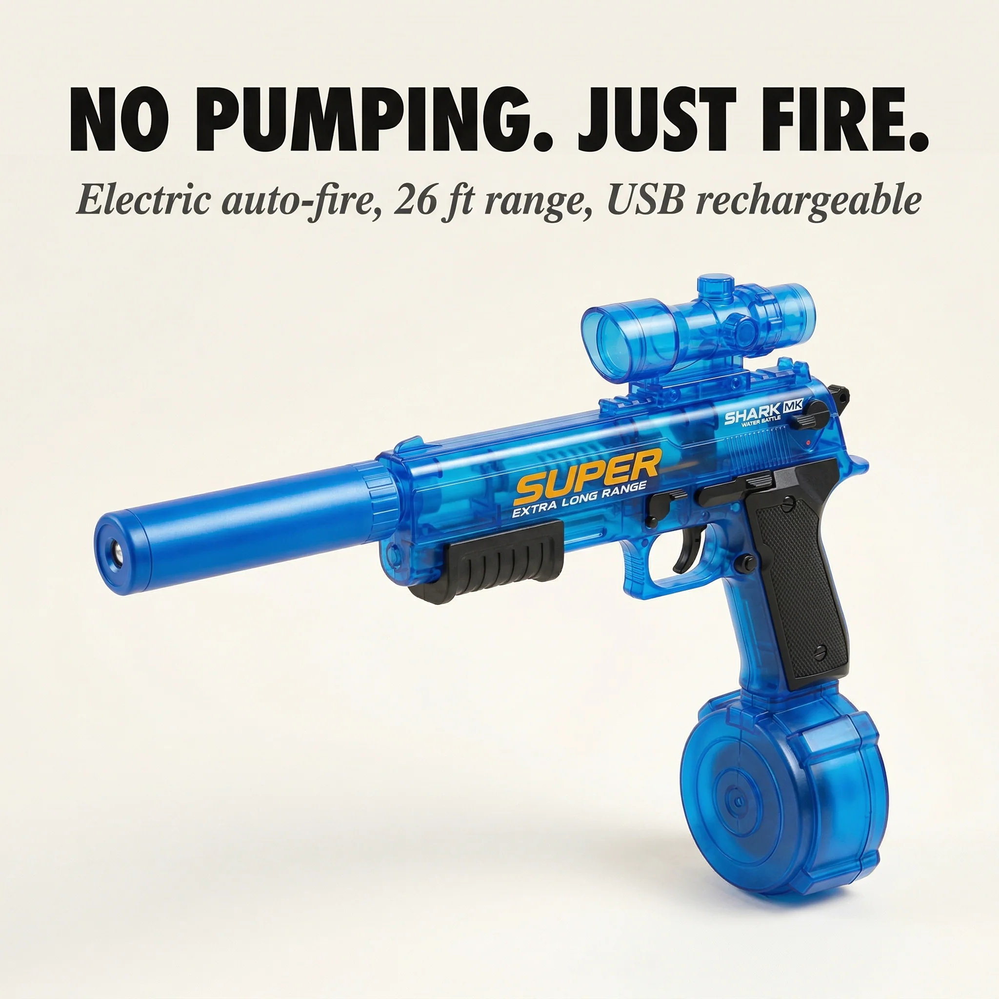 Deluge™ – Electric Auto-Fire Water Gun with USB Charging, 26-32 ft Range & Dual Tanks +50% OFF