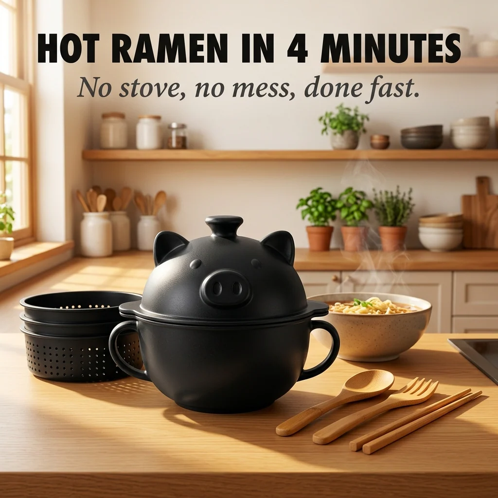 Slurpwell™ – Microwave Ramen Cooker Set with Drain Basket, Lid Bowl & Bamboo Utensils + 50% OFF