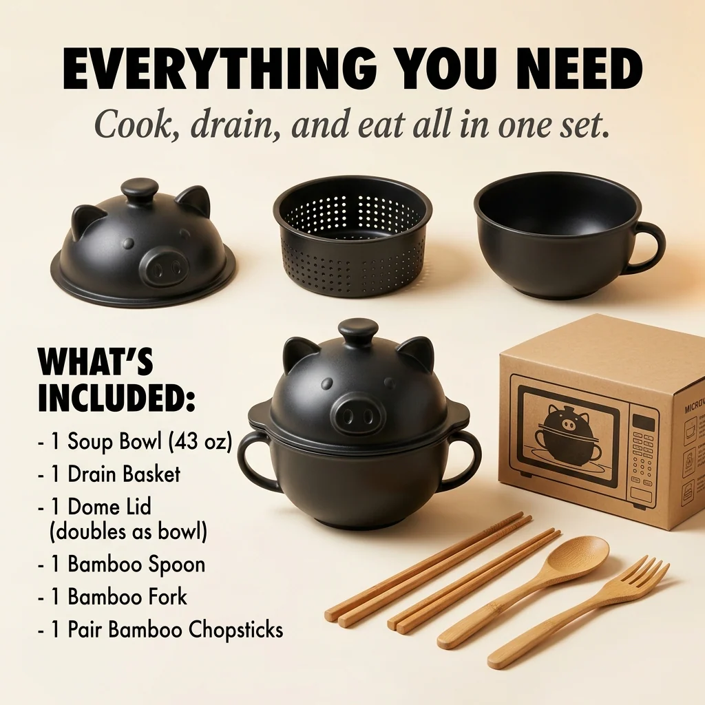 Slurpwell™ – Microwave Ramen Cooker Set with Drain Basket, Lid Bowl & Bamboo Utensils + 50% OFF - Image 6