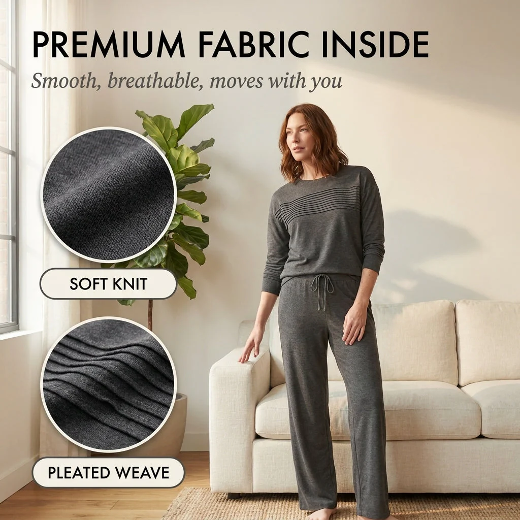 Sofrel™ – Soft Pleated 2-Piece Lounge Set for Women | Long Sleeve Top & Wide-Leg Drawstring Pants + 50% OFF - Image 5