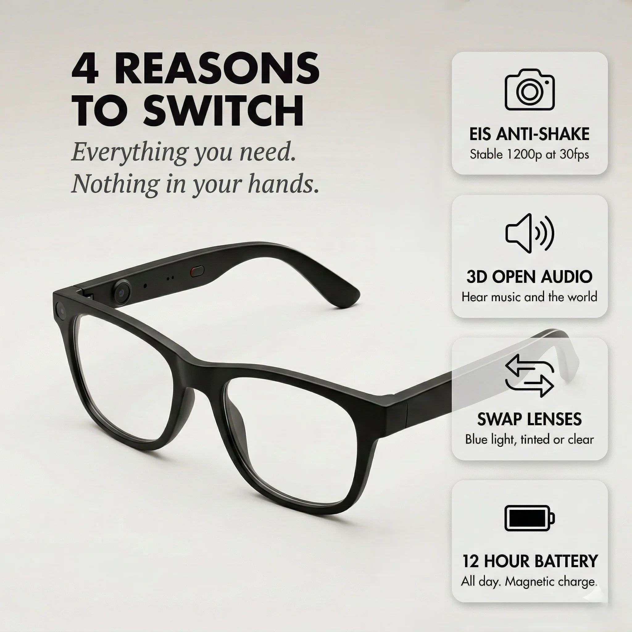 Focalux™ – EIS Anti-Shake Camera, 3D Audio & Interchangeable Lens Smart Glasses + 50% OFF - Image 4