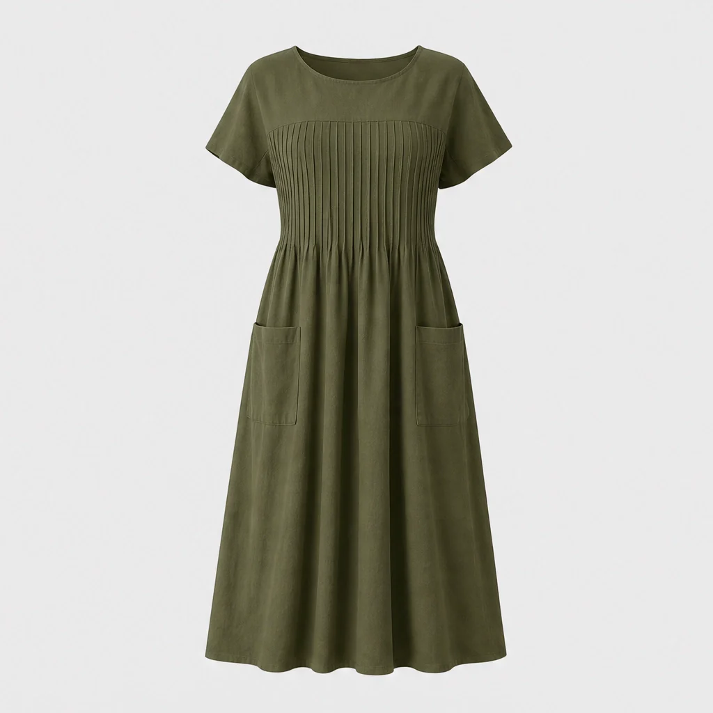 Solenne™ – Pleated Cotton-Linen Dress with Pockets + 50% OFF - Image 12