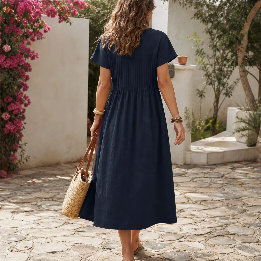 Solenne™ – Pleated Cotton-Linen Dress with Pockets + 50% OFF - Image 4