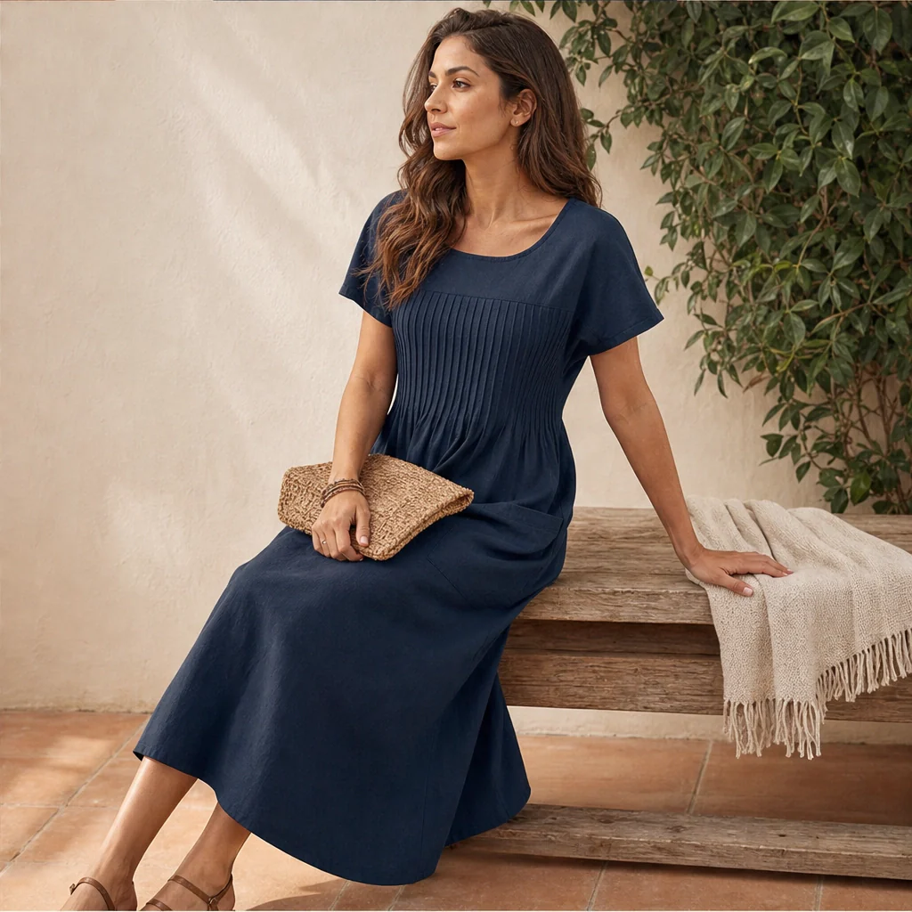 Solenne™ – Pleated Cotton-Linen Dress with Pockets + 50% OFF - Image 5