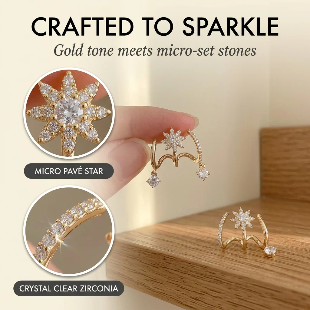 Halova™ – Star Claw Cuff Earrings with Crystal Drop | Stacked Piercing Look +50% OFF - Image 5