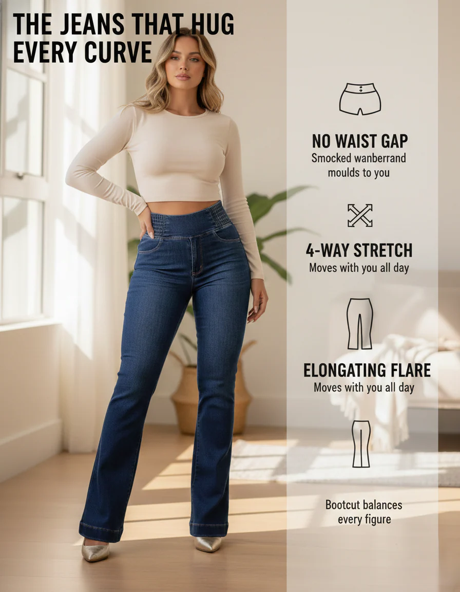Curvara™ – Stretch High-Waist Flare Jeans with Elastic Smocked Waistband + 50 % OFF - Image 4