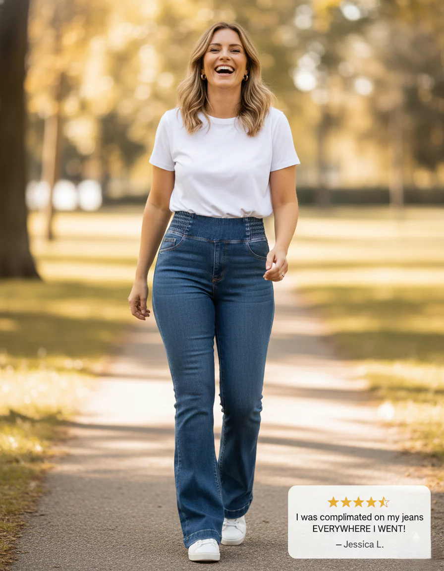 Curvara™ – Stretch High-Waist Flare Jeans with Elastic Smocked Waistband + 50 % OFF - Image 6