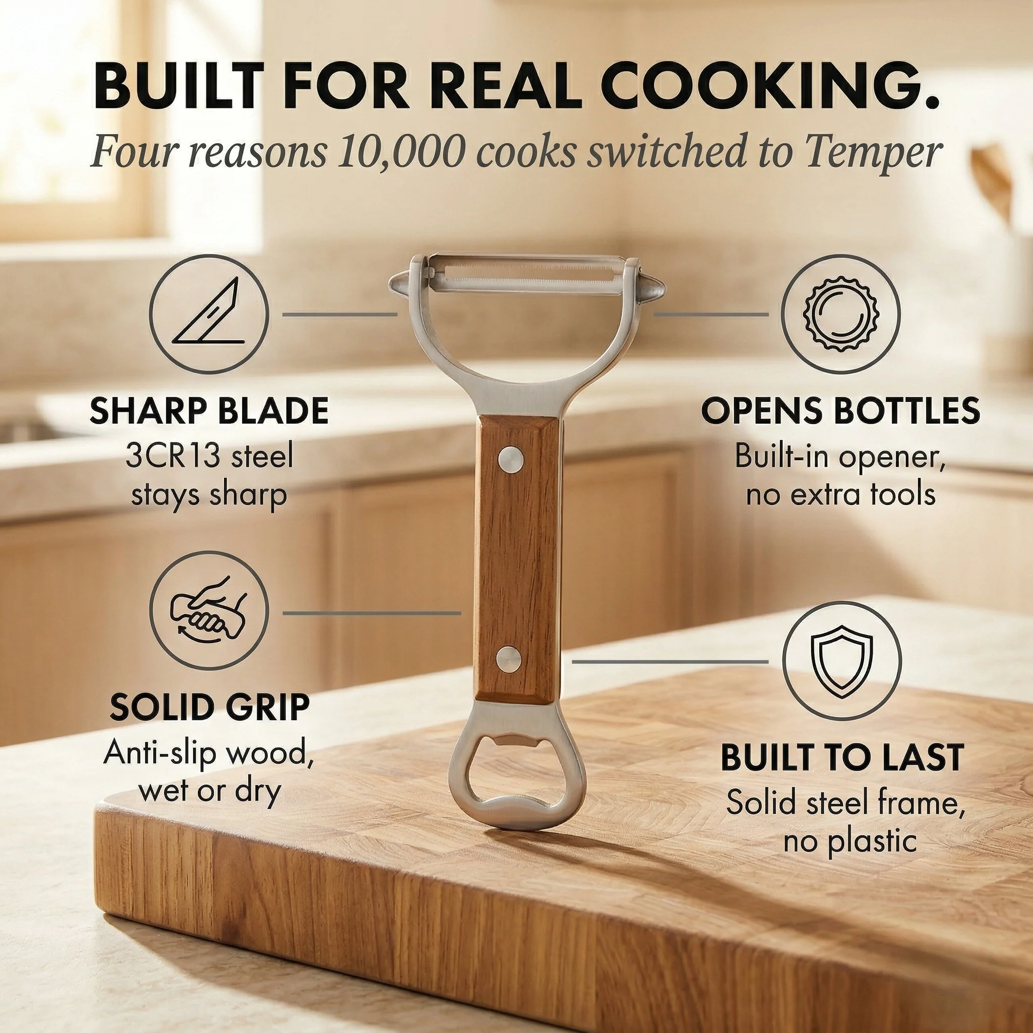 Temper™ – Stainless Steel Vegetable & Fruit Peeler with Ergonomic Wood Handle +50% OFF - Image 4