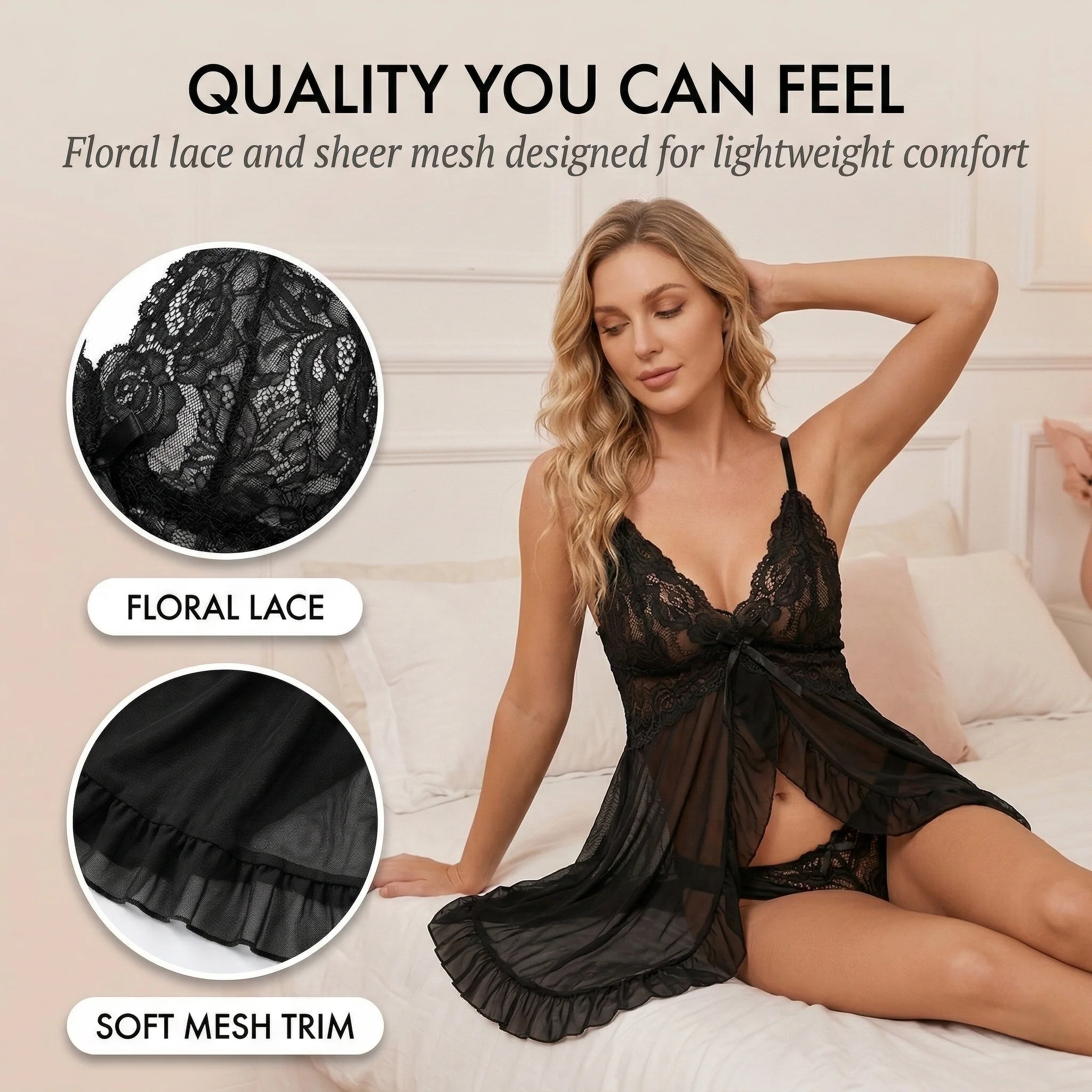 Dentella™ – Lace V-Neck Babydoll & Thong Lingerie Set + 50% OFF - Image 5