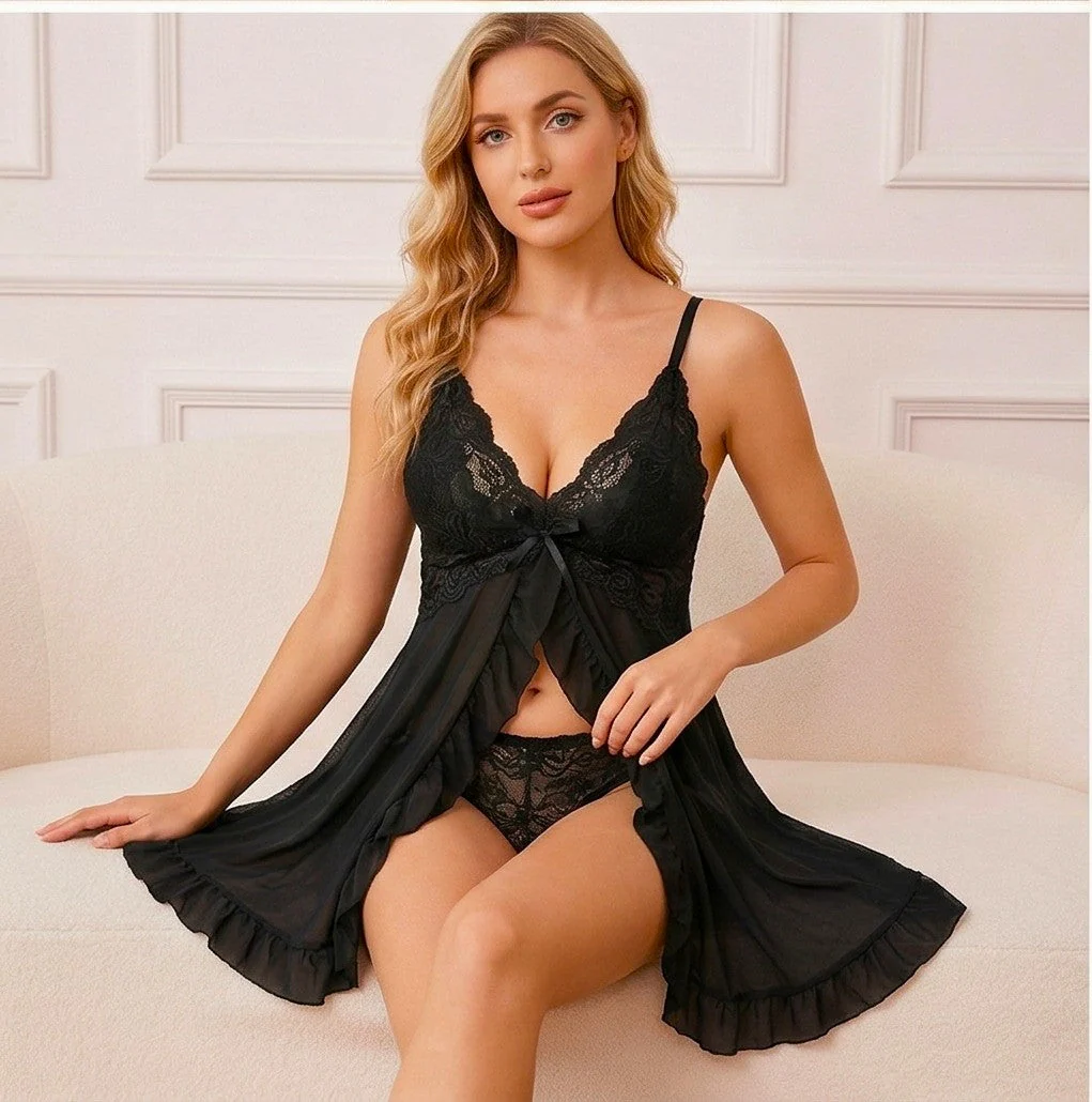 Dentella™ – Lace V-Neck Babydoll & Thong Lingerie Set + 50% OFF - Image 9