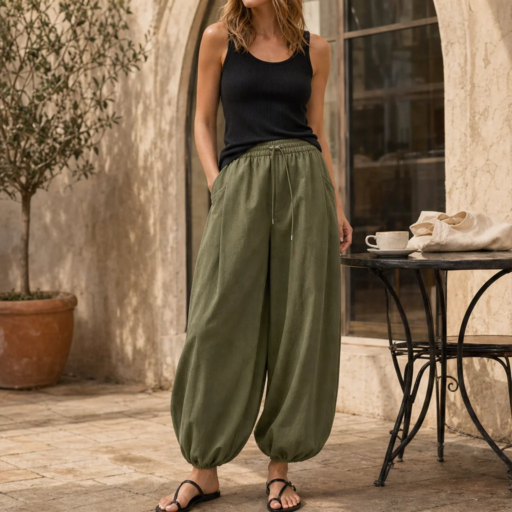 Drapelle™ – Pleated Lantern Trousers with Adjustable Waist & Deep Pockets + 50% OFF