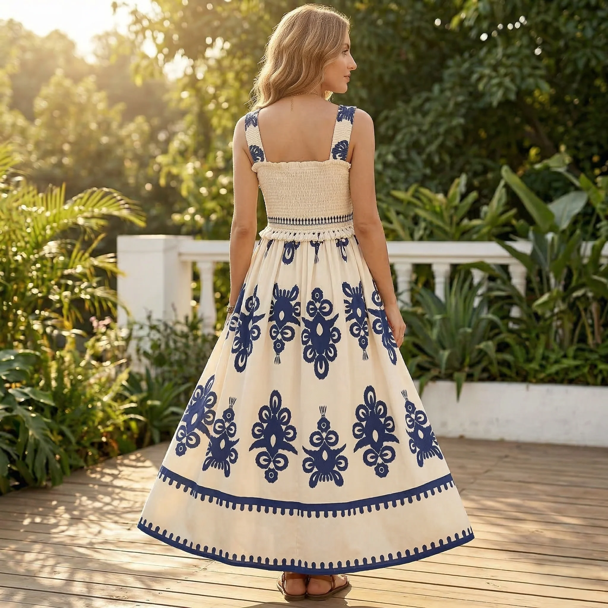 Solaire™ – Smocked Boho Maxi Dress with Pockets, A-Line Tiered Skirt + 50% OFF - Image 3