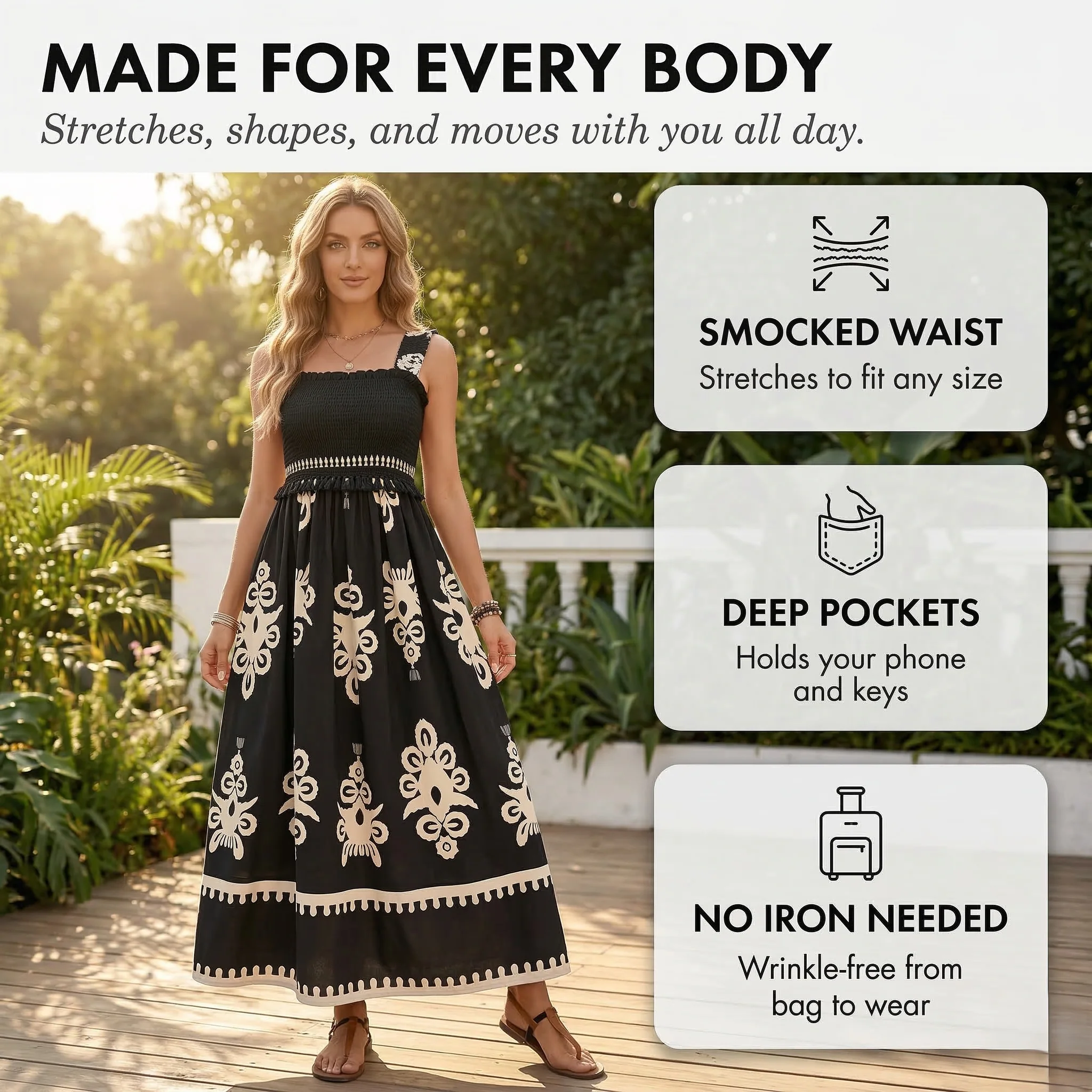 Solaire™ – Smocked Boho Maxi Dress with Pockets, A-Line Tiered Skirt + 50% OFF - Image 4