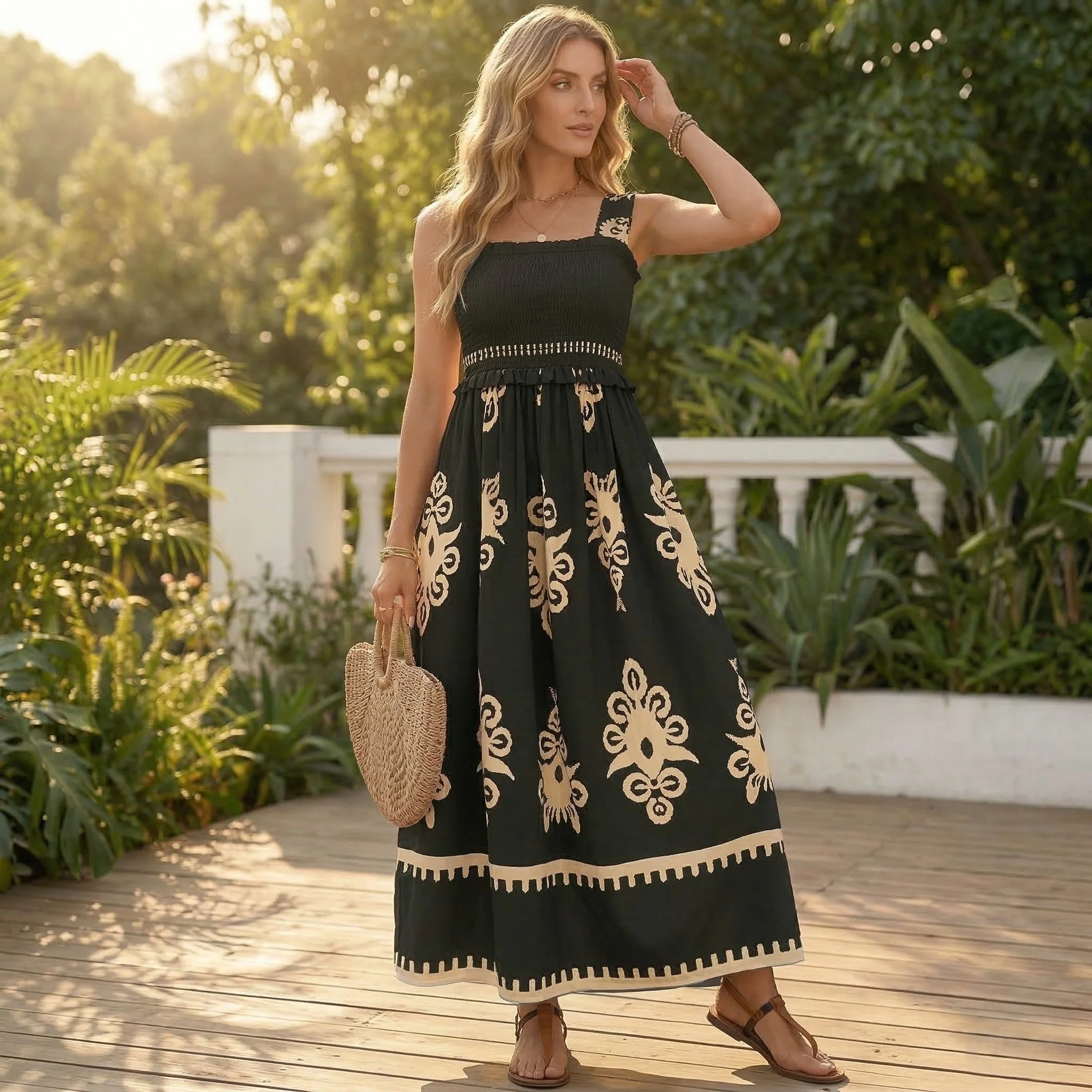 Solaire™ – Smocked Boho Maxi Dress with Pockets, A-Line Tiered Skirt + 50% OFF - Image 7