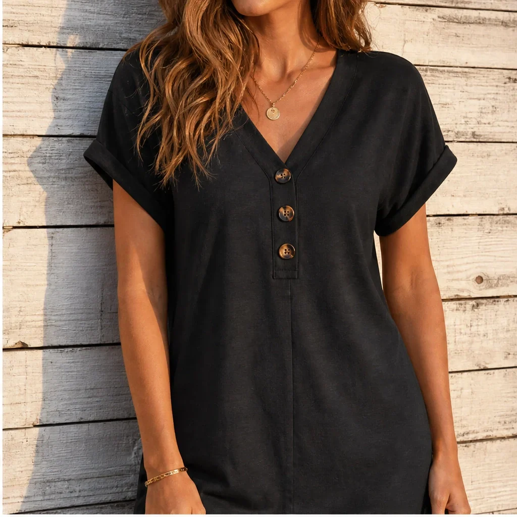 Drapelle™ – Button-Front V-Neck Roll-Sleeve Dress + 50% OFF - Image 2