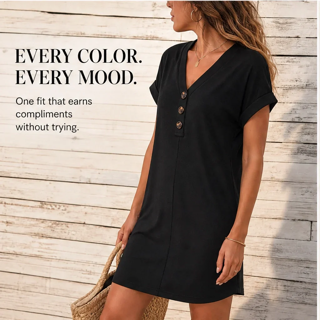 Drapelle™ – Button-Front V-Neck Roll-Sleeve Dress + 50% OFF - Image 3