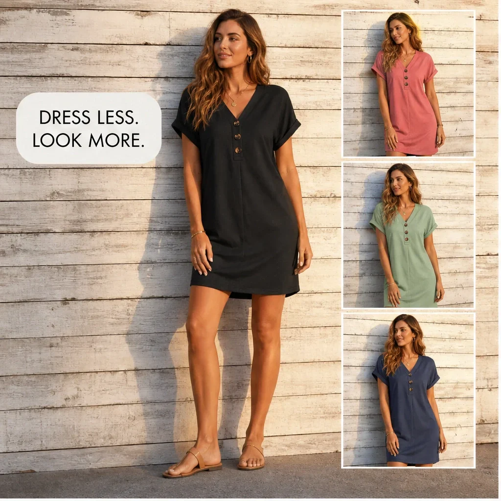 Drapelle™ – Button-Front V-Neck Roll-Sleeve Dress + 50% OFF - Image 4