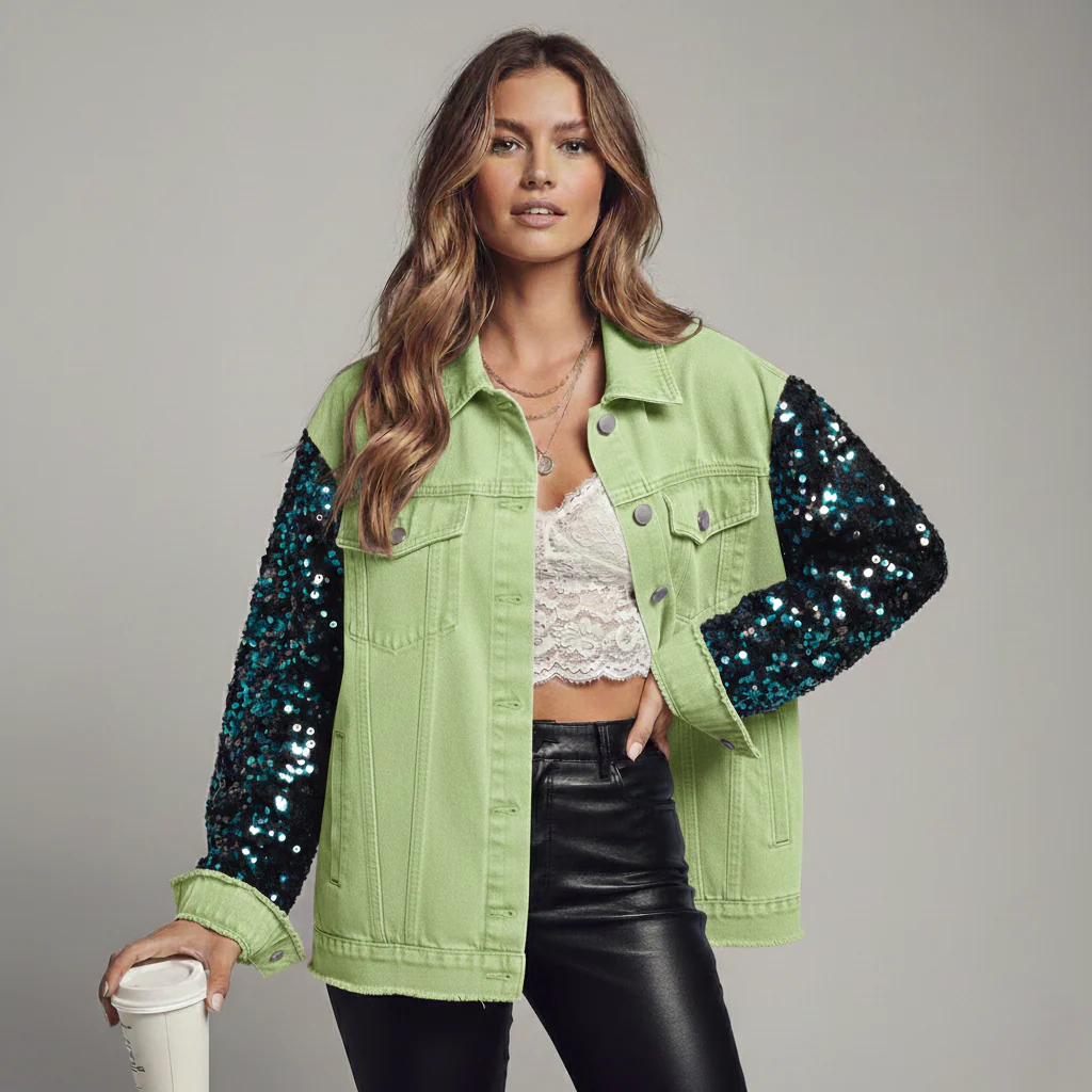 Rivette™ – Sequin Patchwork Oversized Raw-Hem Denim Jacket +50% OFF - Image 10