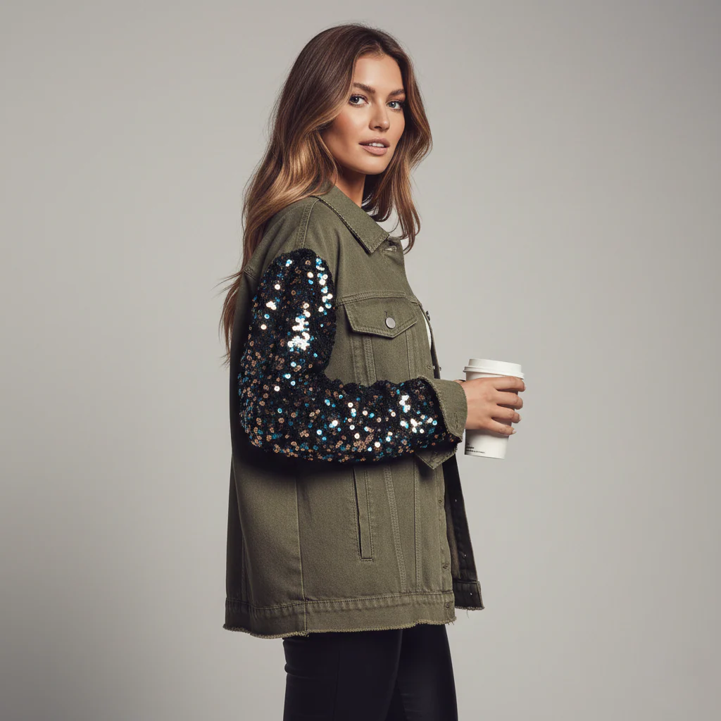 Rivette™ – Sequin Patchwork Oversized Raw-Hem Denim Jacket +50% OFF - Image 2