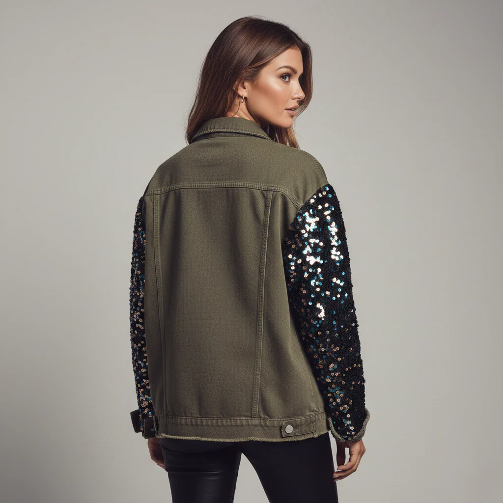 Rivette™ – Sequin Patchwork Oversized Raw-Hem Denim Jacket +50% OFF - Image 3