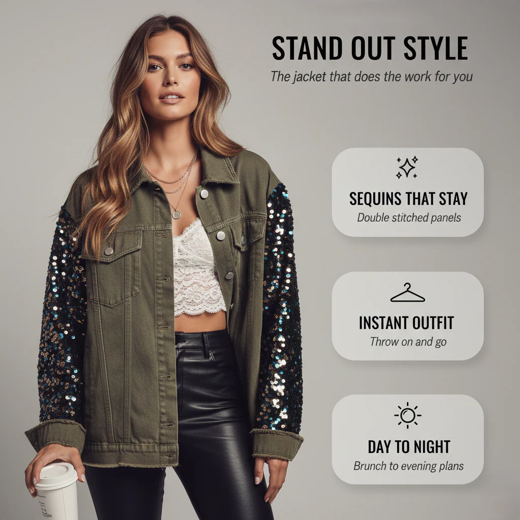 Rivette™ – Sequin Patchwork Oversized Raw-Hem Denim Jacket +50% OFF - Image 4