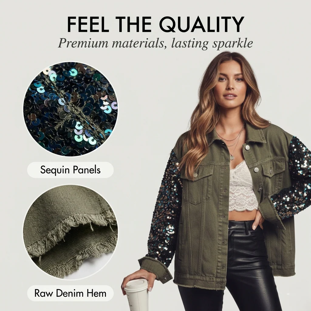 Rivette™ – Sequin Patchwork Oversized Raw-Hem Denim Jacket +50% OFF - Image 5