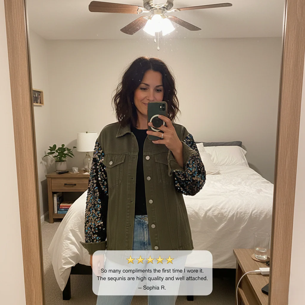 Rivette™ – Sequin Patchwork Oversized Raw-Hem Denim Jacket +50% OFF - Image 6