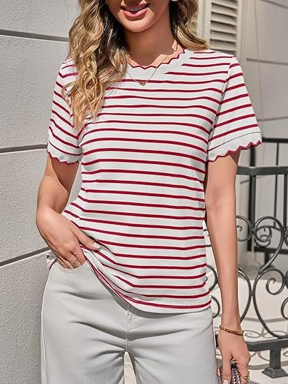 Scallise™ – Scalloped Neck & Sleeve Striped T-Shirt + 50% OFF - Image 2