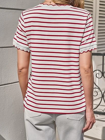Scallise™ – Scalloped Neck & Sleeve Striped T-Shirt + 50% OFF - Image 3